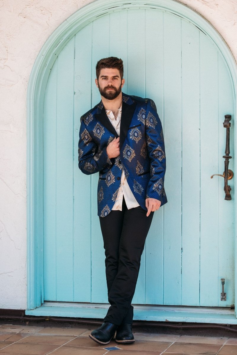 Men's Double Button Navy Woven Printed Blazer - Platini Fashion