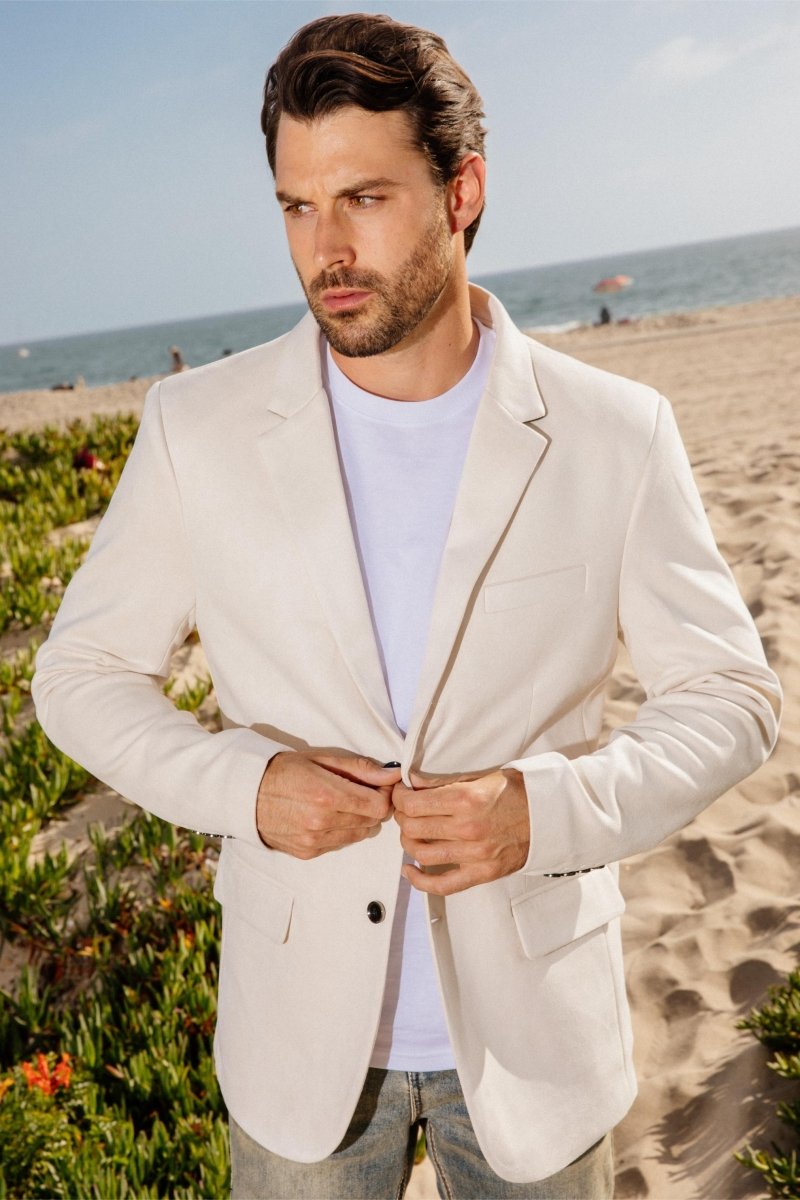 Men's Double Button Off White Faux - Suede Blazer - Platini Fashion