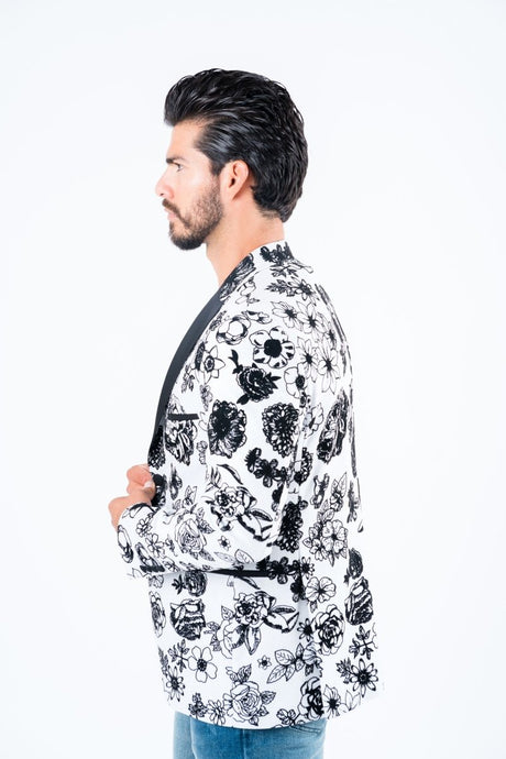 Men's Double Button White Woven Printed Blazer - Platini Fashion