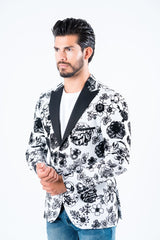 Men's Double Button White Woven Printed Blazer - Platini Fashion