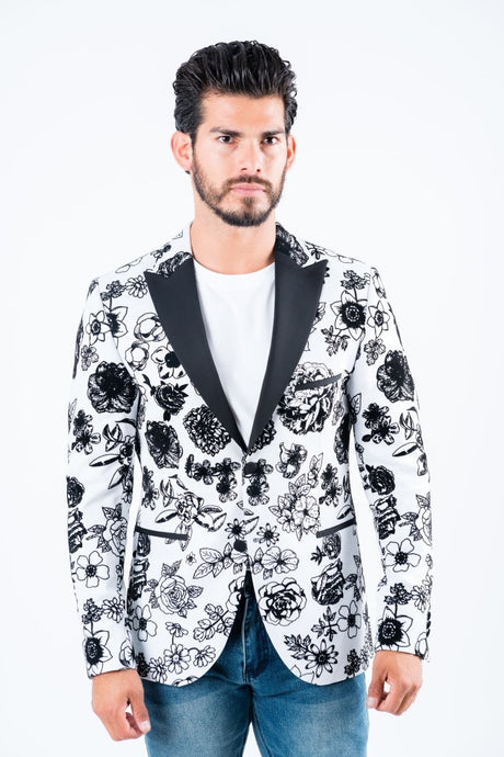 Men's Double Button White Woven Printed Blazer - Platini Fashion