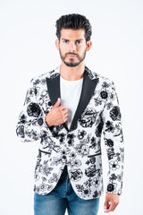 Men's Double Button White Woven Printed Blazer - Platini Fashion