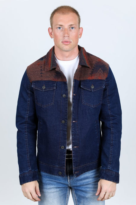 Mens Ethnic Aztec Denim Jacket - Indigo - Platini Fashion