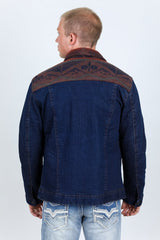 Mens Ethnic Aztec Denim Jacket - Indigo - Platini Fashion