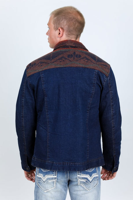 Mens Ethnic Aztec Denim Jacket - Indigo - Platini Fashion