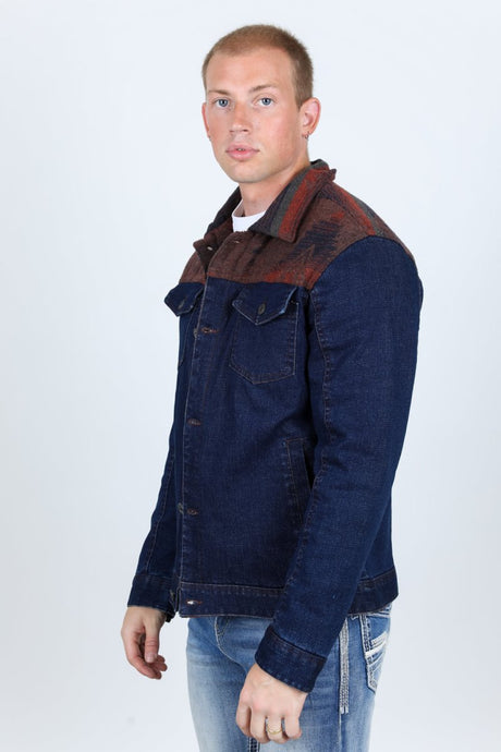 Mens Ethnic Aztec Denim Jacket - Indigo - Platini Fashion