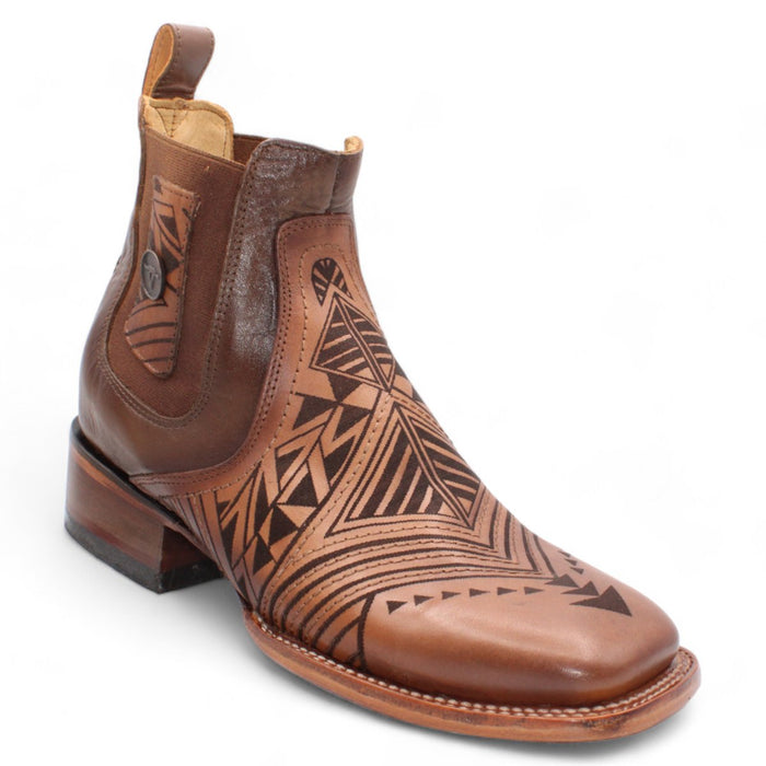 Men's Laser Engraving Square Toe Ankle Boots - Honey - Hooch Boots