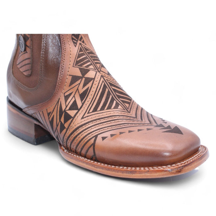 Men's Laser Engraving Square Toe Ankle Boots - Honey - Hooch Boots