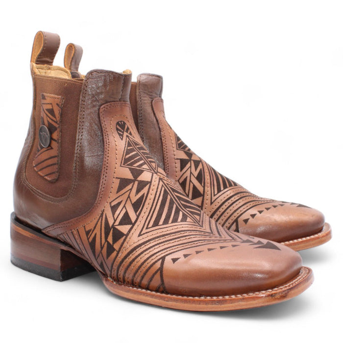 Men's Laser Engraving Square Toe Ankle Boots - Honey - Hooch Boots