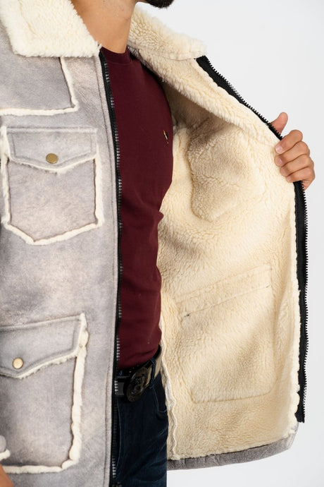 Men's Light Gray Suede Jacket w/ Faux Shearling - lined - Platini Fashion