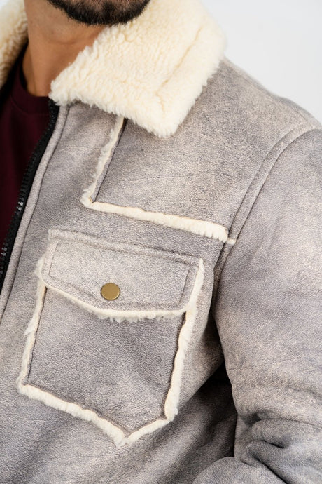 Men's Light Gray Suede Jacket w/ Faux Shearling - lined - Platini Fashion