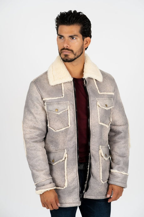 Men's Light Gray Suede Jacket w/ Faux Shearling - lined - Platini Fashion