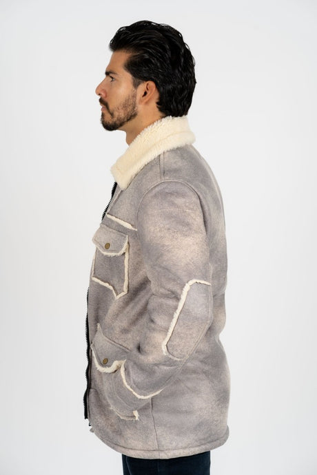 Men's Light Gray Suede Jacket w/ Faux Shearling - lined - Platini Fashion