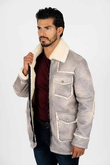 Men's Light Gray Suede Jacket w/ Faux Shearling - lined - Platini Fashion