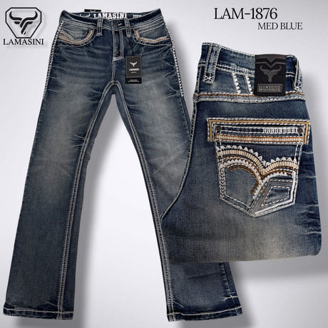 Men's Modern Boot Denim Jeans Embroidered Pockets LAM-1876 - Lamasini