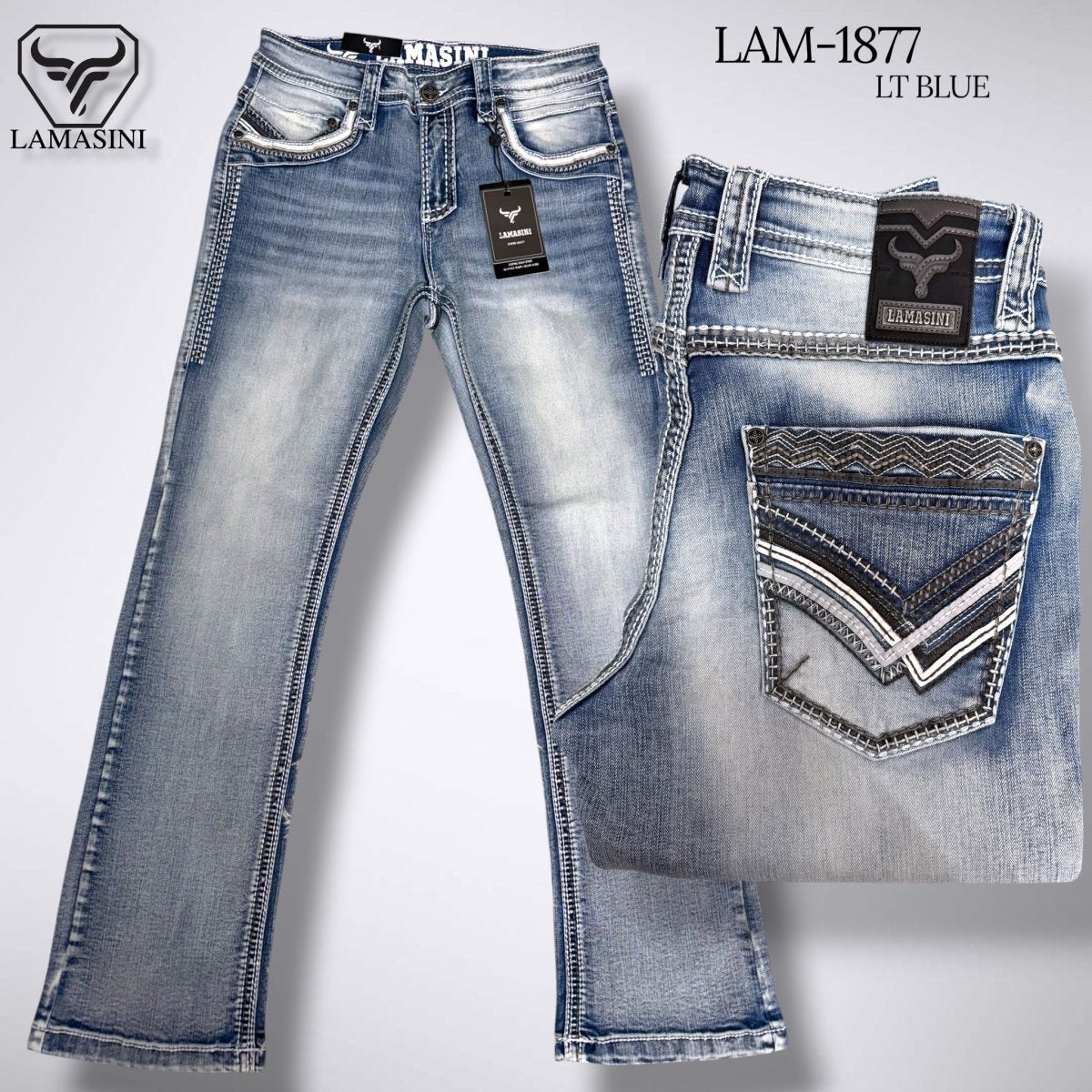 Men's Modern Boot Denim Jeans Embroidered Pockets LAM-1877 - Lamasini