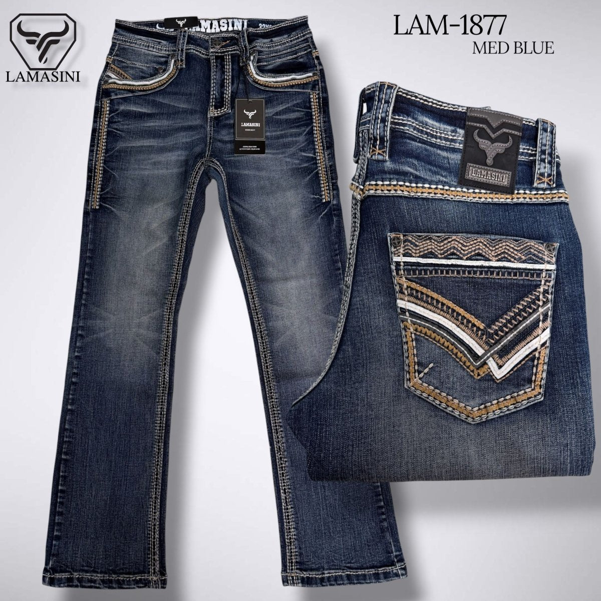 Men's Modern Boot Denim Jeans Embroidered Pockets LAM-1877 - Lamasini