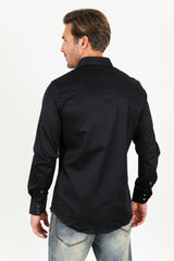 Men's Modern Fit Solid Black Dress Shirt - Platini Fashion