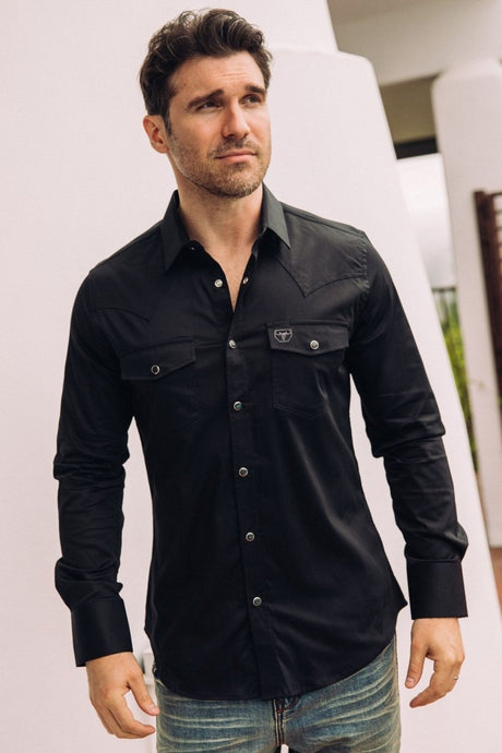 Men's Modern Fit Solid Black Dress Shirt - Platini Fashion