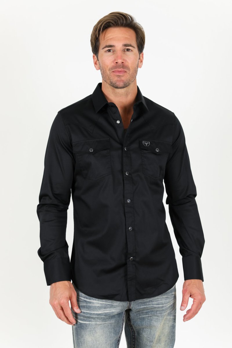 Men's Modern Fit Solid Black Dress Shirt - Platini Fashion