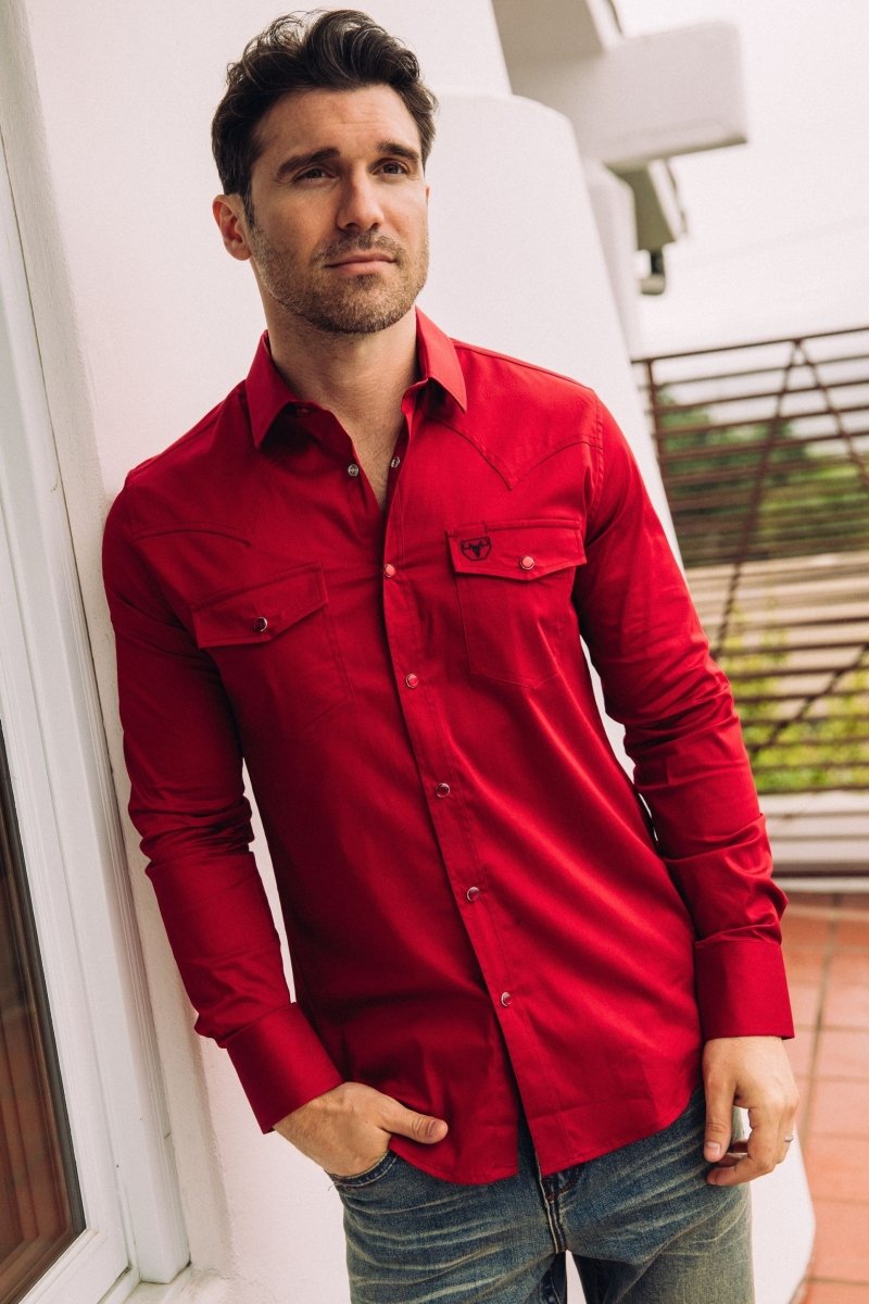 Men's Modern Fit Solid Red Dress Shirt - Platini Fashion