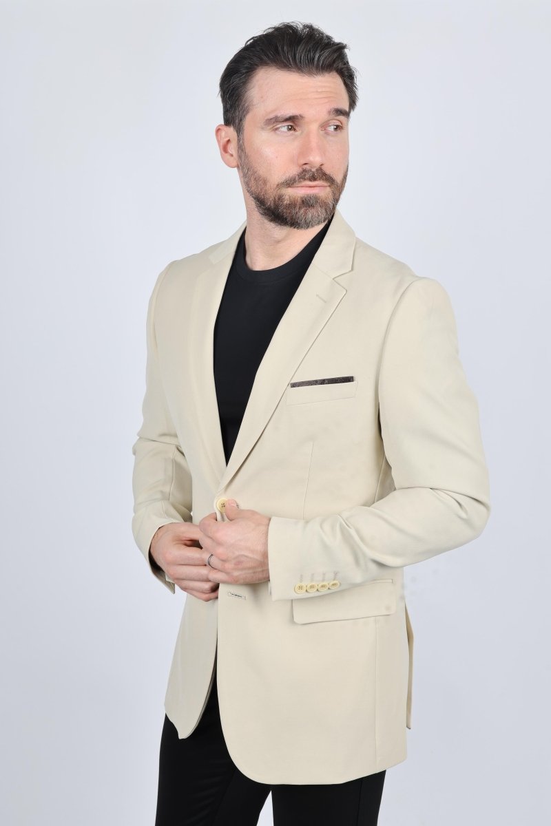 Mens Modern Fit Stretch Date Night Beige Blazer - Platini Fashion