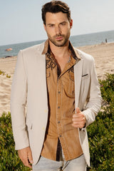 Mens Modern Fit Stretch Date Night Beige Blazer - Platini Fashion