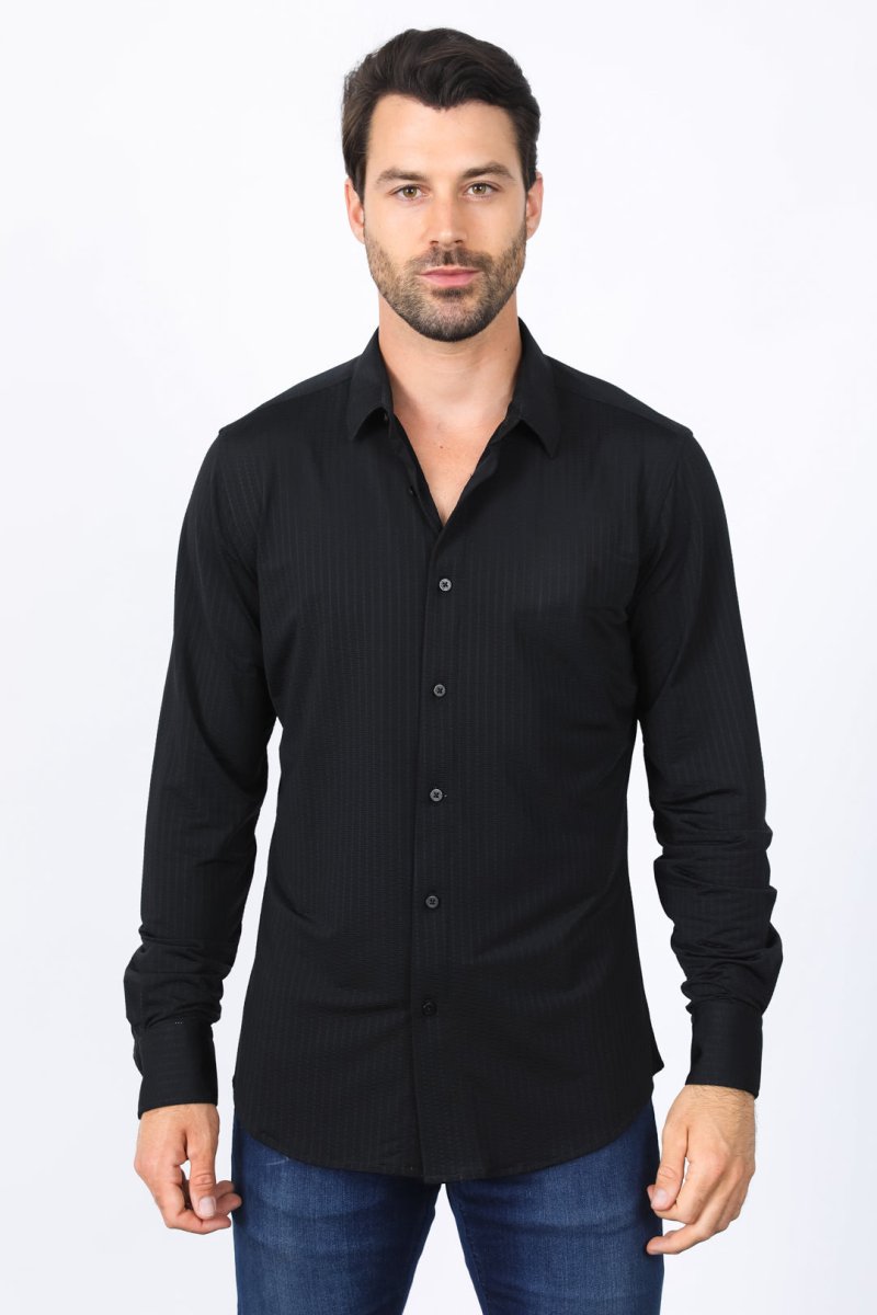 Men’s Modern Fit Stretch Dress Shirt - Black - Platini Fashion