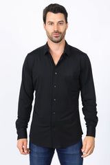 Men’s Modern Fit Stretch Dress Shirt - Black - Platini Fashion