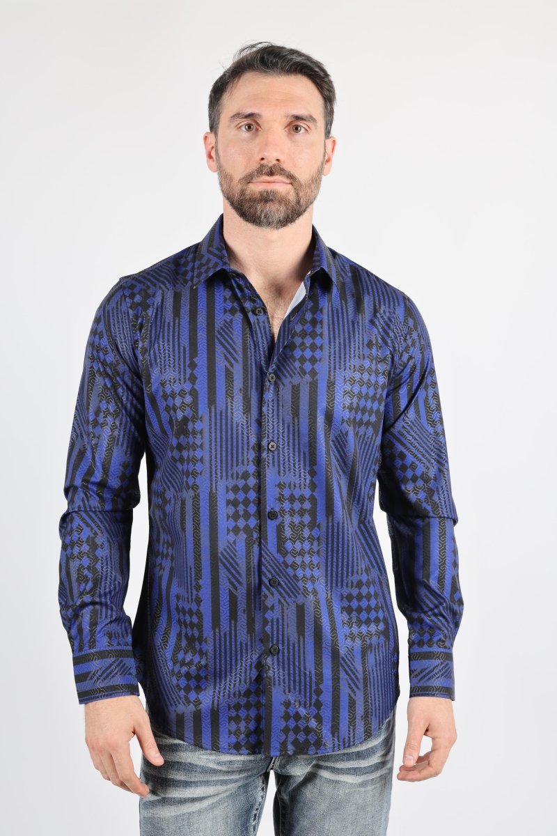 Mens Modern Fit Stretch Foiled Navy Long Sleeve Shirt - Platini Fashion