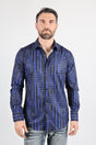 Mens Modern Fit Stretch Foiled Navy Long Sleeve Shirt - Platini Fashion