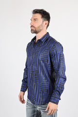 Mens Modern Fit Stretch Foiled Navy Long Sleeve Shirt - Platini Fashion