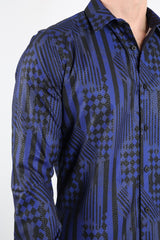 Mens Modern Fit Stretch Foiled Navy Long Sleeve Shirt - Platini Fashion