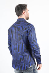 Mens Modern Fit Stretch Foiled Navy Long Sleeve Shirt - Platini Fashion