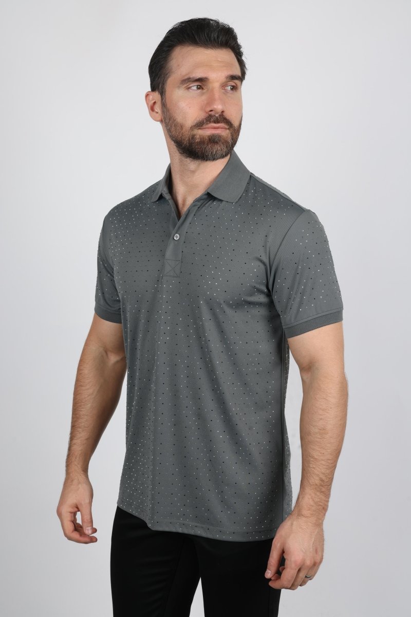 Mens Modern Fit Stretch Full Body Crystals Polo - Platini Fashion