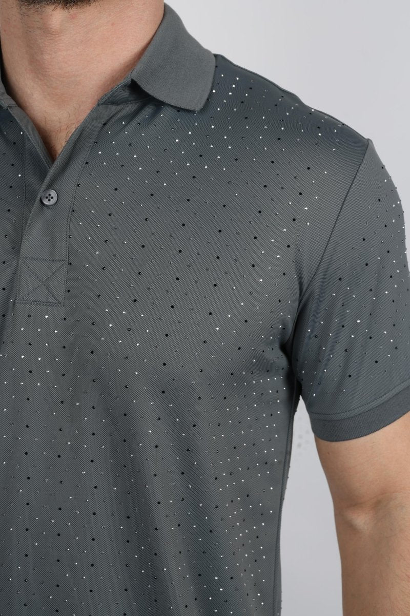 Mens Modern Fit Stretch Full Body Crystals Polo - Platini Fashion