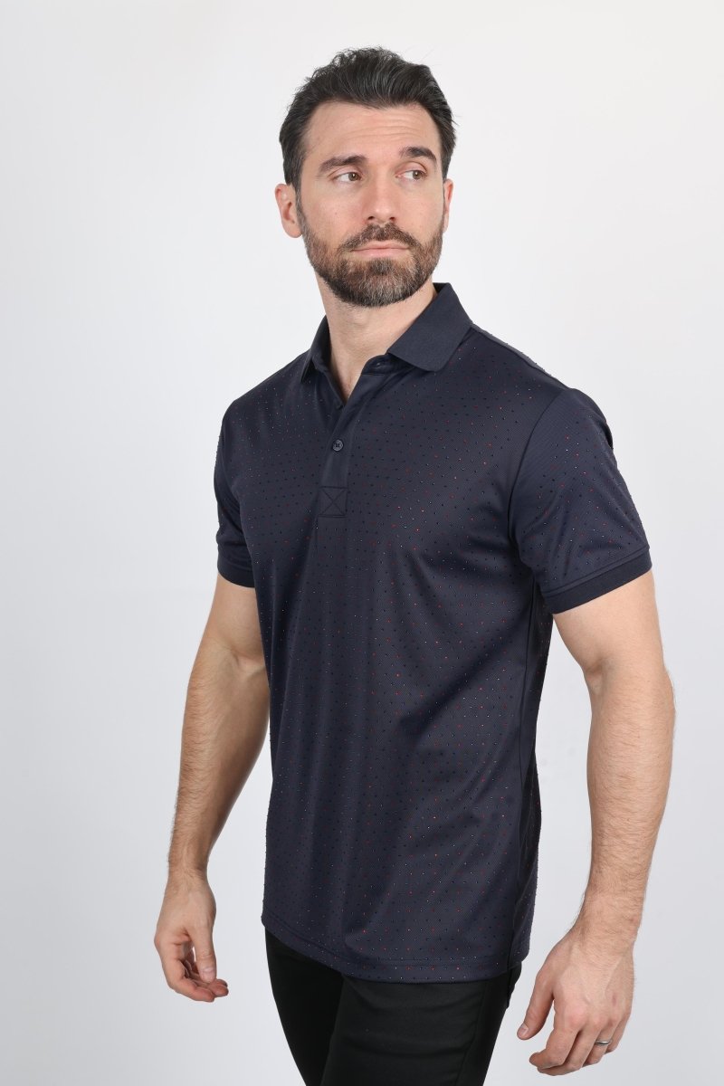 Mens Modern Fit Stretch Full Body Crystals Polo - Platini Fashion