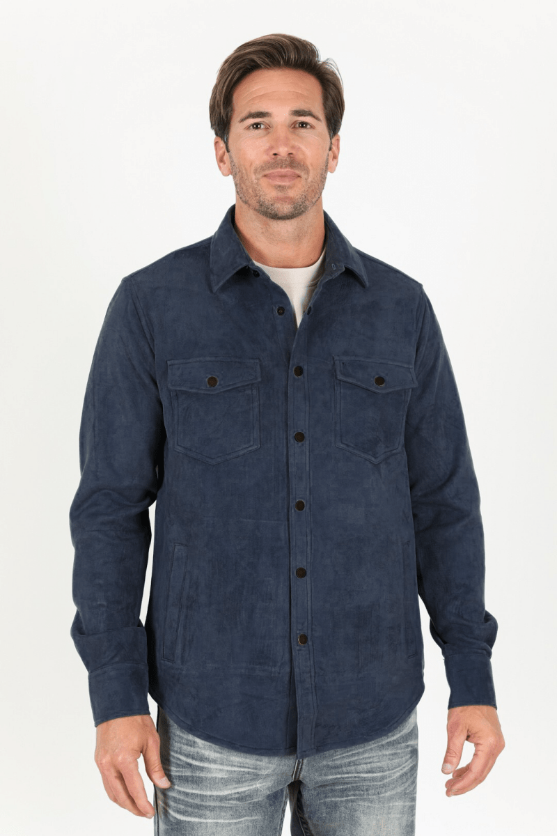 Men's Navy Faux Suede Overshirt - Platini Fashion