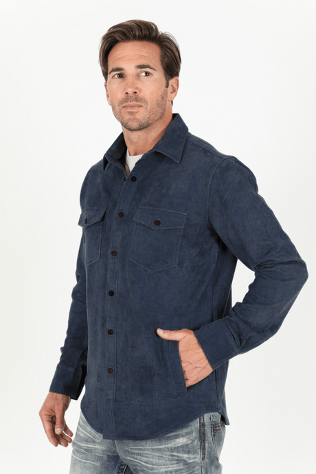 Men's Navy Faux Suede Overshirt - Platini Fashion
