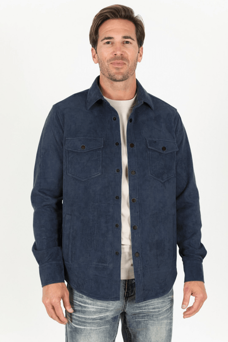 Men's Navy Faux Suede Overshirt - Platini Fashion