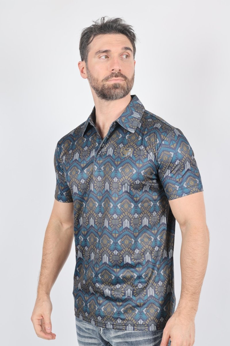 Mens Performance Fabric Modern Fit Stretch Aztec Print Polo - Platini Fashion