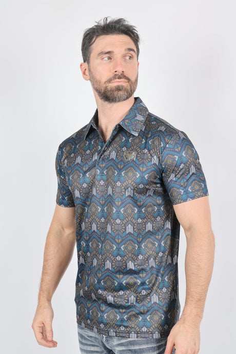 Mens Performance Fabric Modern Fit Stretch Aztec Print Polo - Platini Fashion