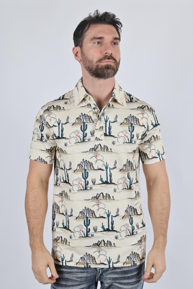 Mens Performance Fabric Modern Fit Stretch Cactus Print Polo - Platini Fashion