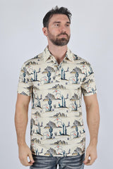 Mens Performance Fabric Modern Fit Stretch Cactus Print Polo - Platini Fashion