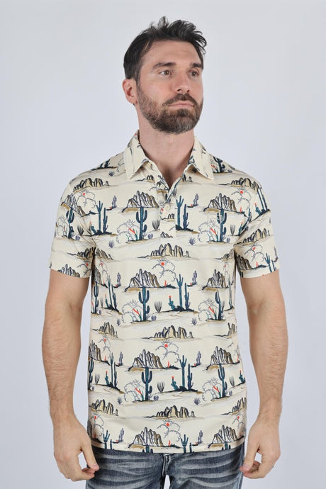 Mens Performance Fabric Modern Fit Stretch Cactus Print Polo - Platini Fashion