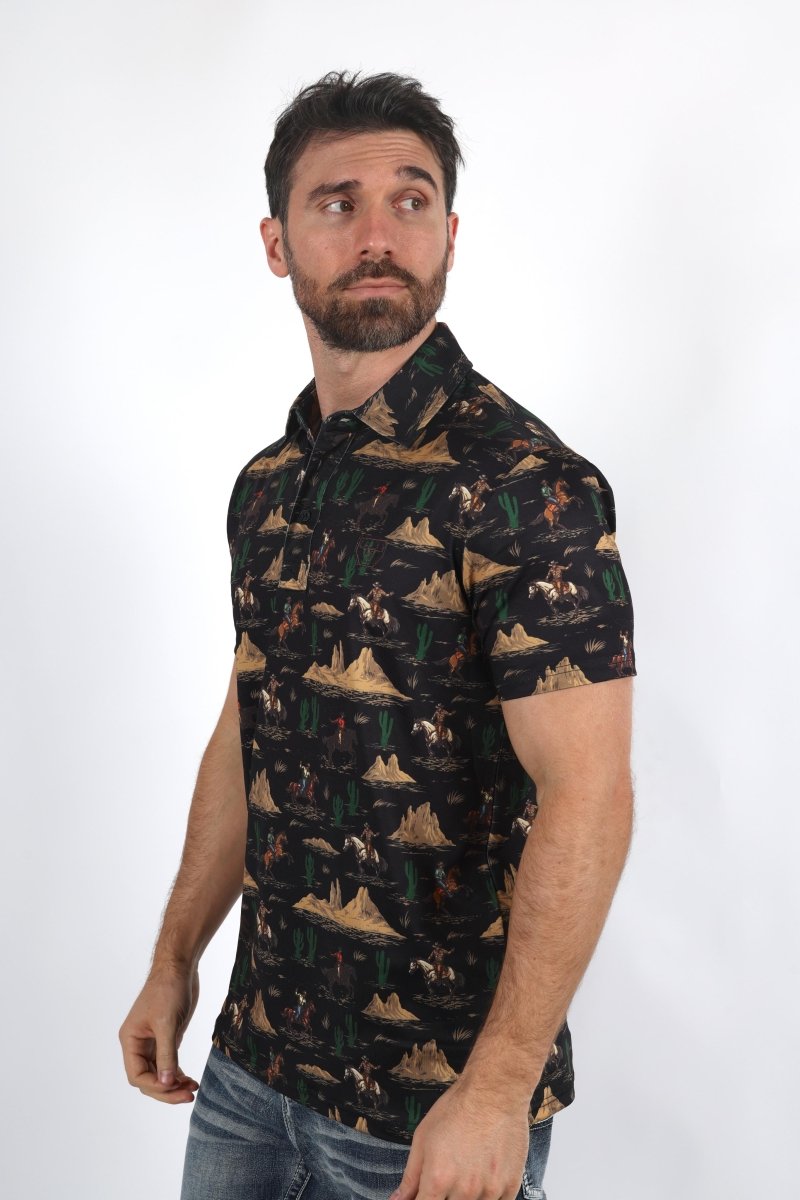 Mens Performance Fabric Modern Fit Stretch Cactus Print Polo - Platini Fashion