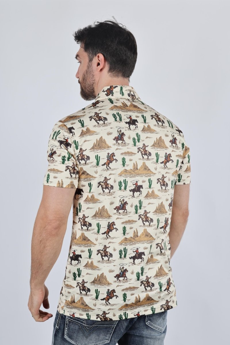 Mens Performance Fabric Modern Fit Stretch Cactus Print Polo - Platini Fashion