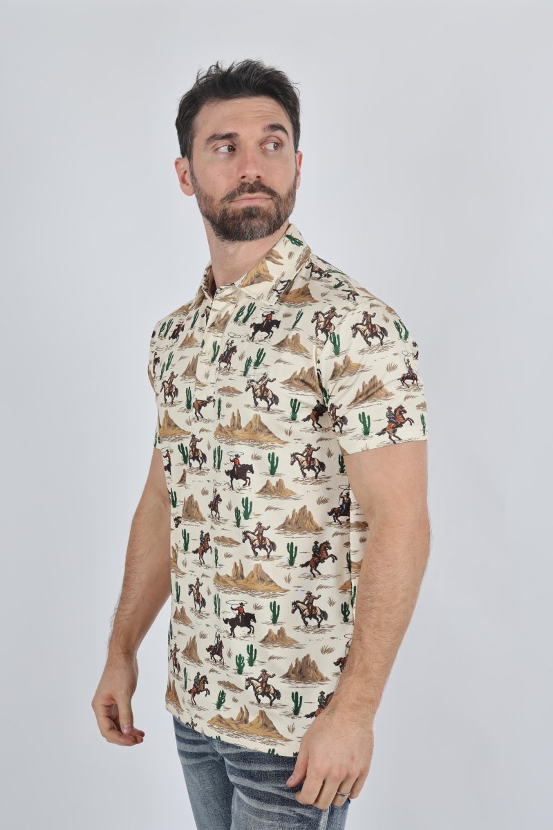 Mens Performance Fabric Modern Fit Stretch Cactus Print Polo - Platini Fashion