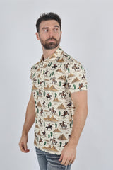 Mens Performance Fabric Modern Fit Stretch Cactus Print Polo - Platini Fashion