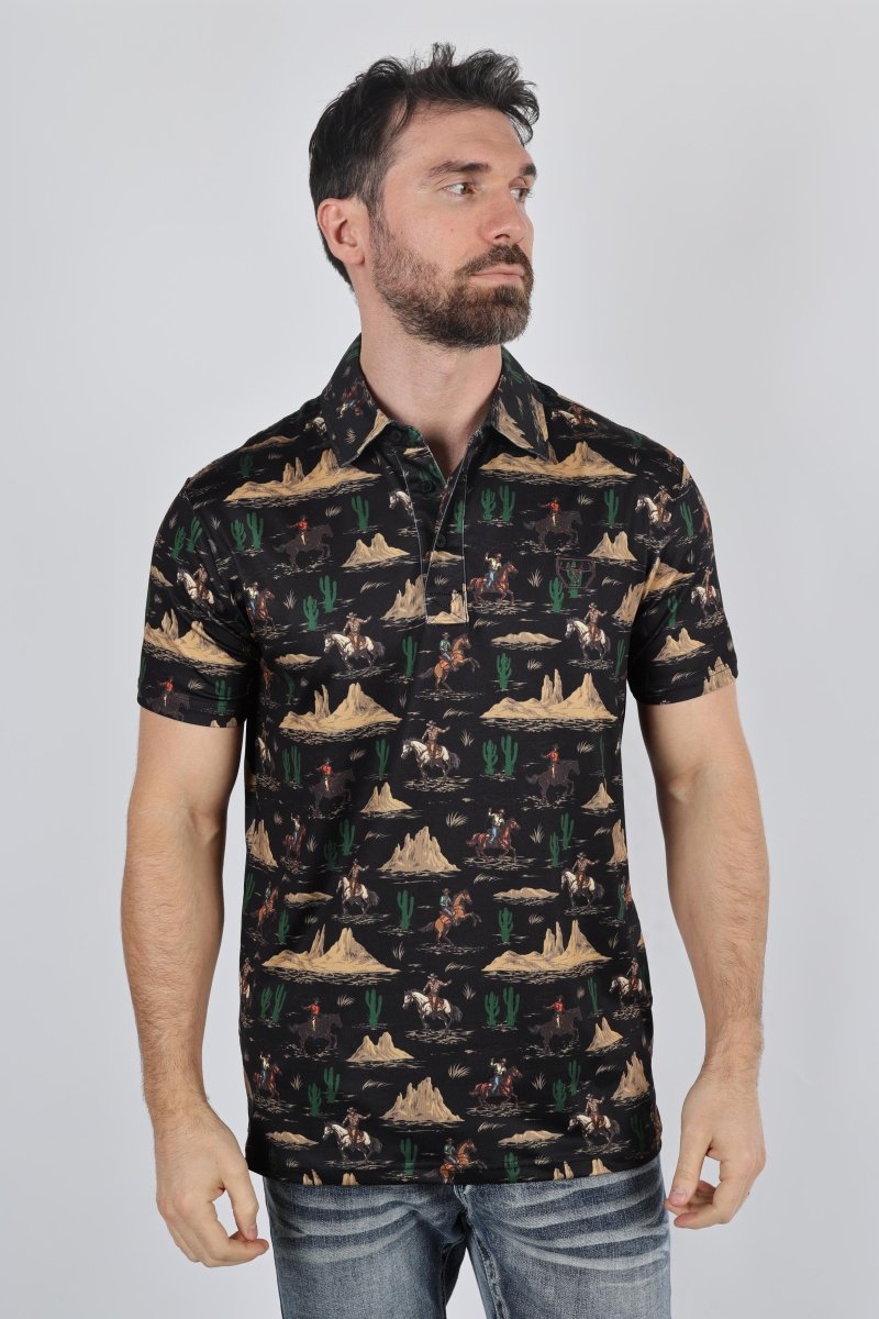 Mens Performance Fabric Modern Fit Stretch Cactus Print Polo - Platini Fashion